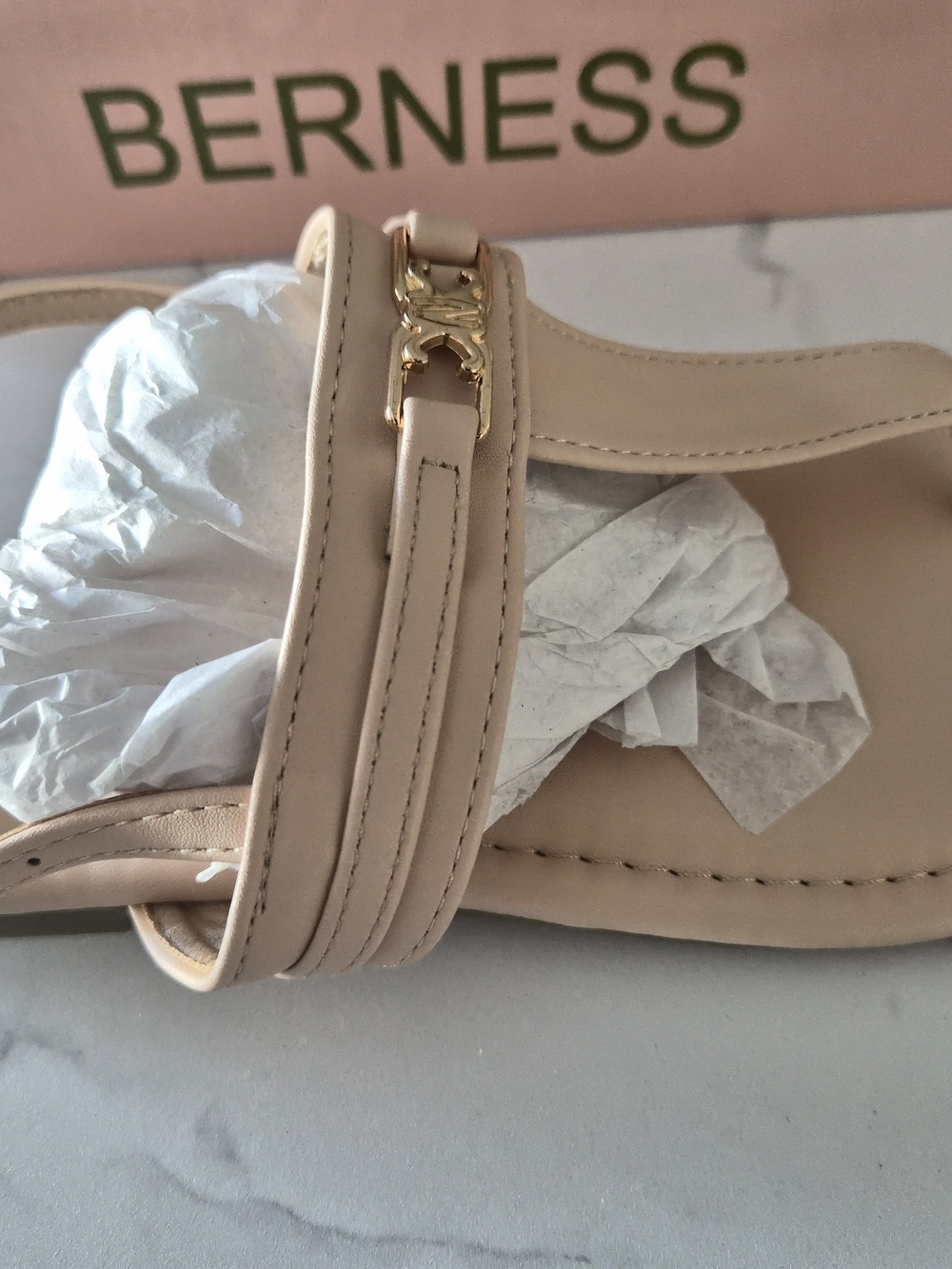 Nude Leather Slide Sandals with Gold Accent